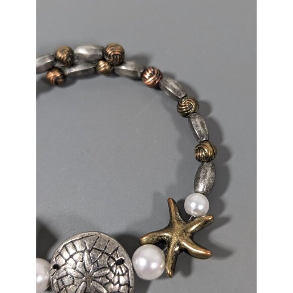 Mixed Metal Beachy Bracelet Sand Dollar Starfish Shell Flex Wire 7" Boho - Picture 3 of 8
